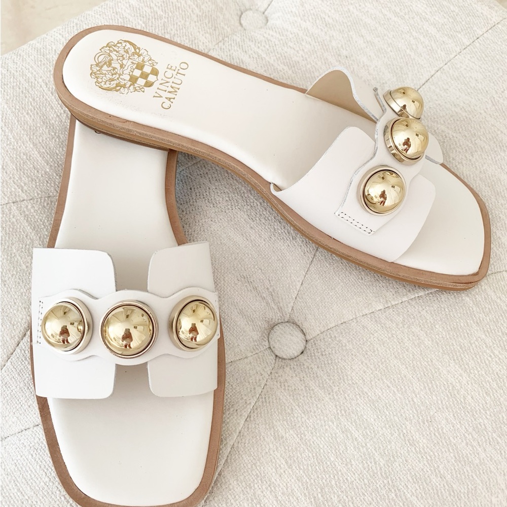 Vince Camuto NEIMA White Slide Sandals with Gold Accents